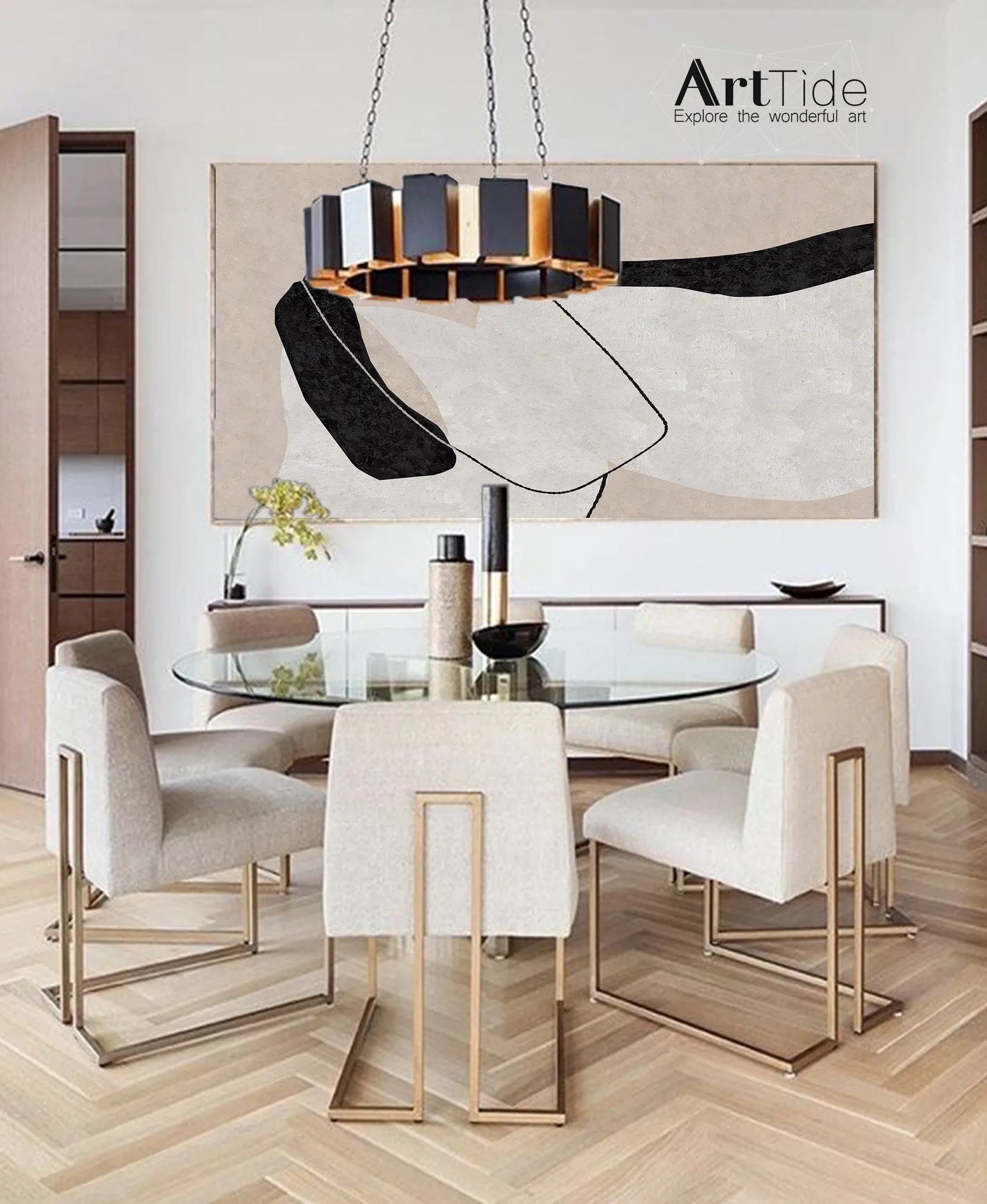 Black And White Abstract Painting Beige Canvas Art Qp103