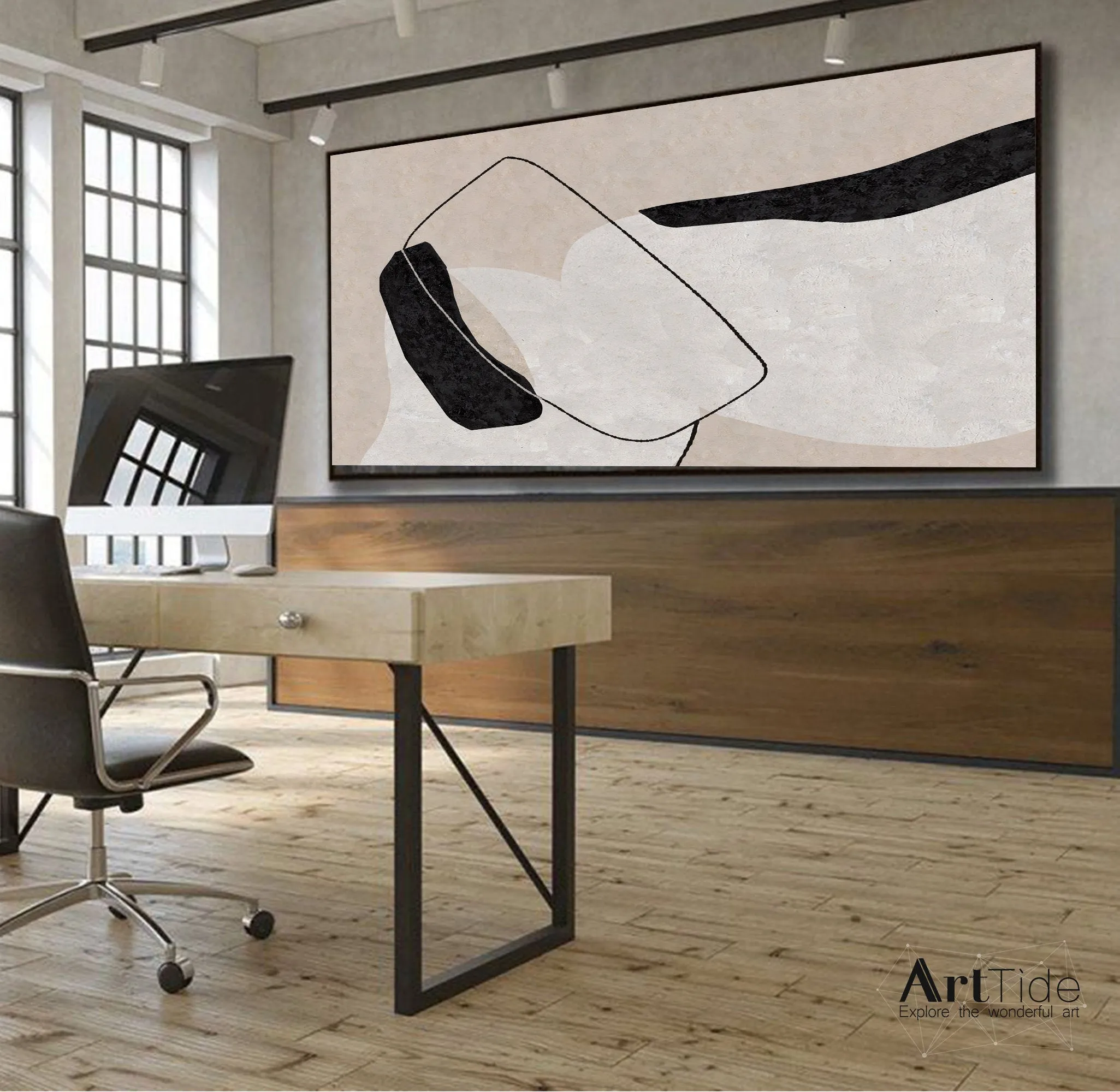 Black And White Abstract Painting Beige Canvas Art Qp103