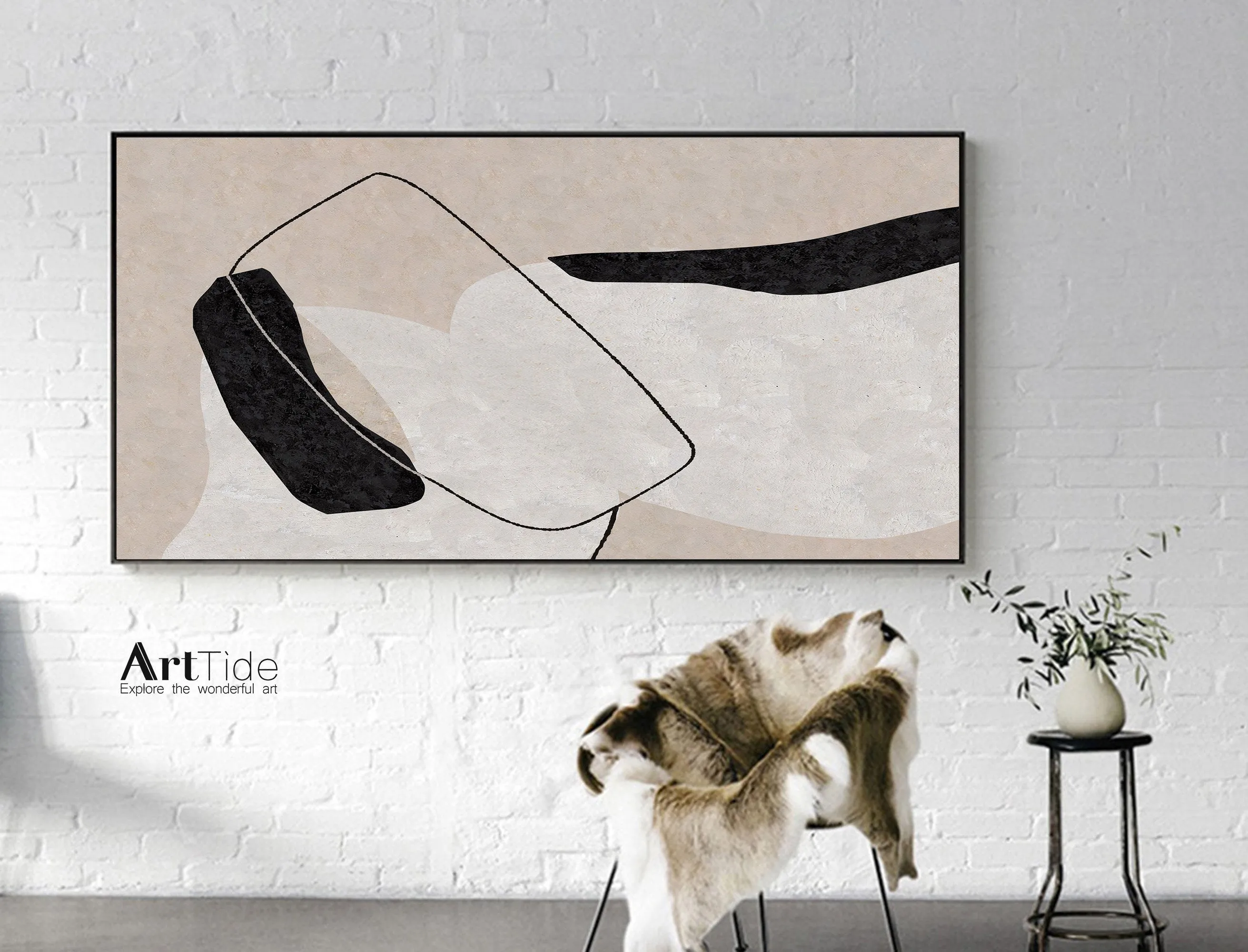Black And White Abstract Painting Beige Canvas Art Qp103