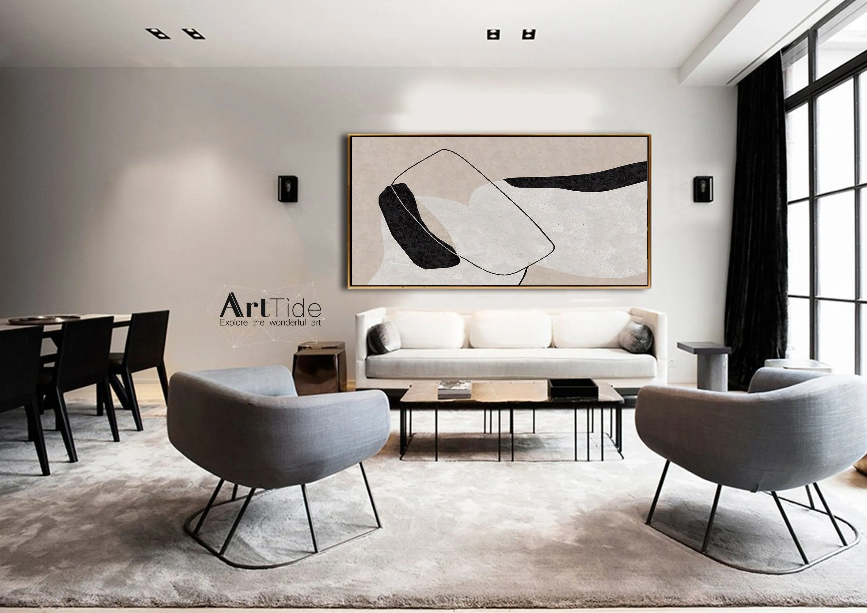 Black And White Abstract Painting Beige Canvas Art Qp103