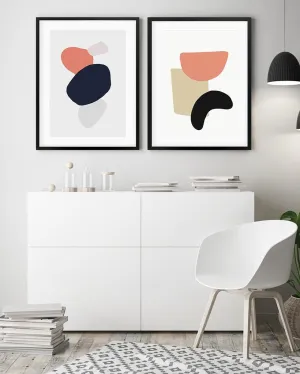 Coral And Black Abstract - Print Set Of 2