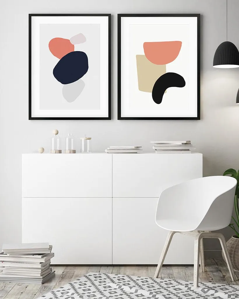 Coral And Black Abstract - Print Set Of 2