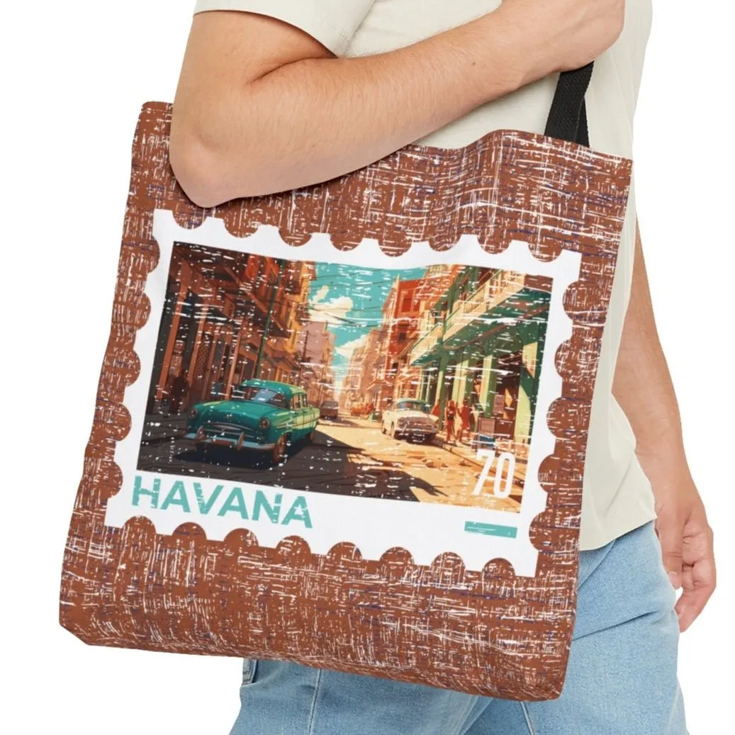 Havana Stamp Large Tote Bag - Cuban Capital Cityscape on Burnt Orange Canvas