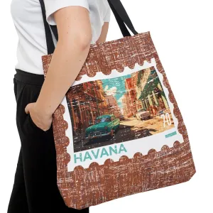 Havana Stamp Large Tote Bag - Cuban Capital Cityscape on Burnt Orange Canvas