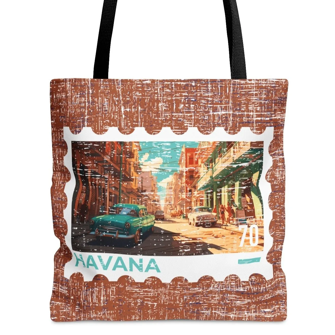 Havana Stamp Large Tote Bag - Cuban Capital Cityscape on Burnt Orange Canvas