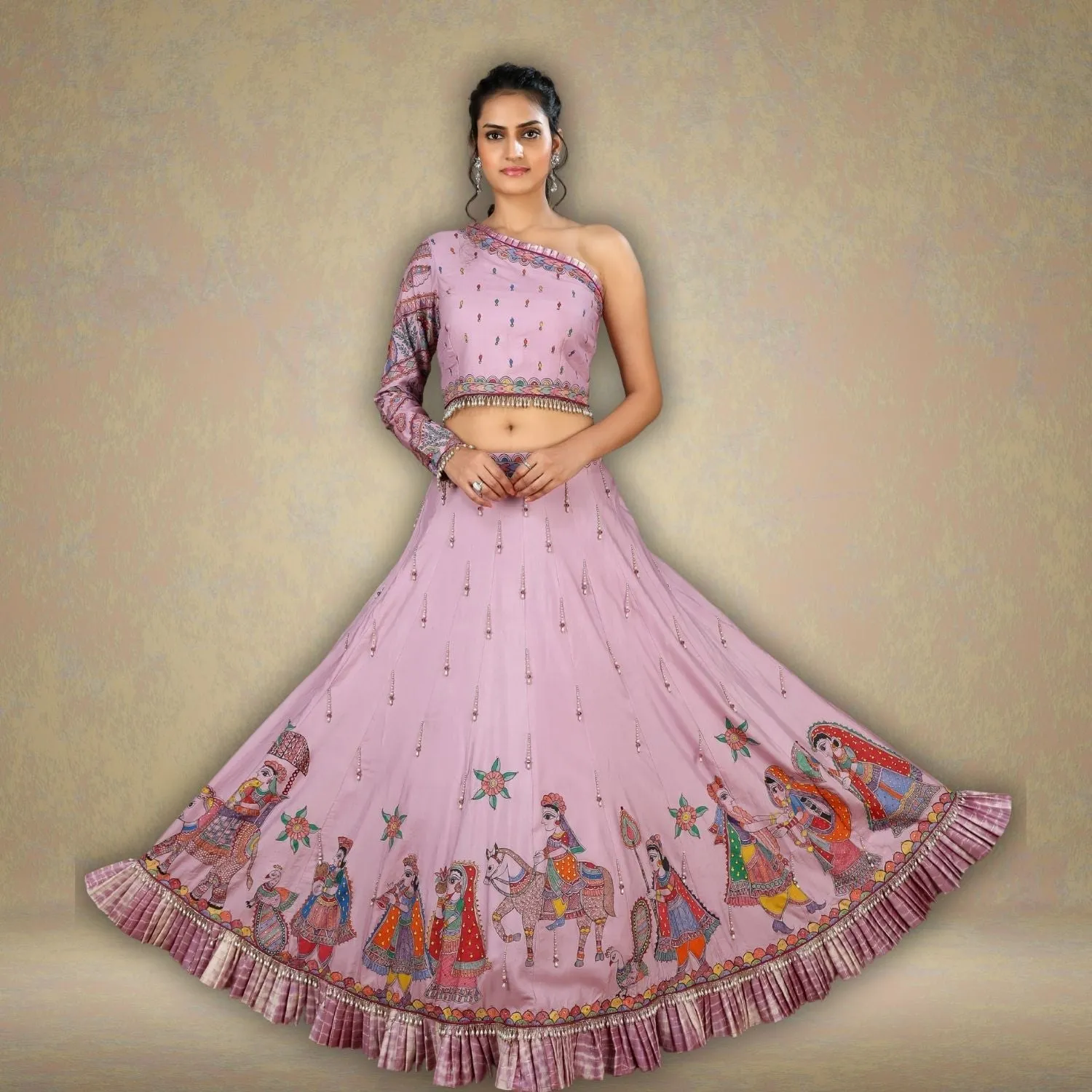 Shuchi Tussar Eri Silk Lehenga Set | Modern Silhouette | Madhubani Art | Hand-Painted