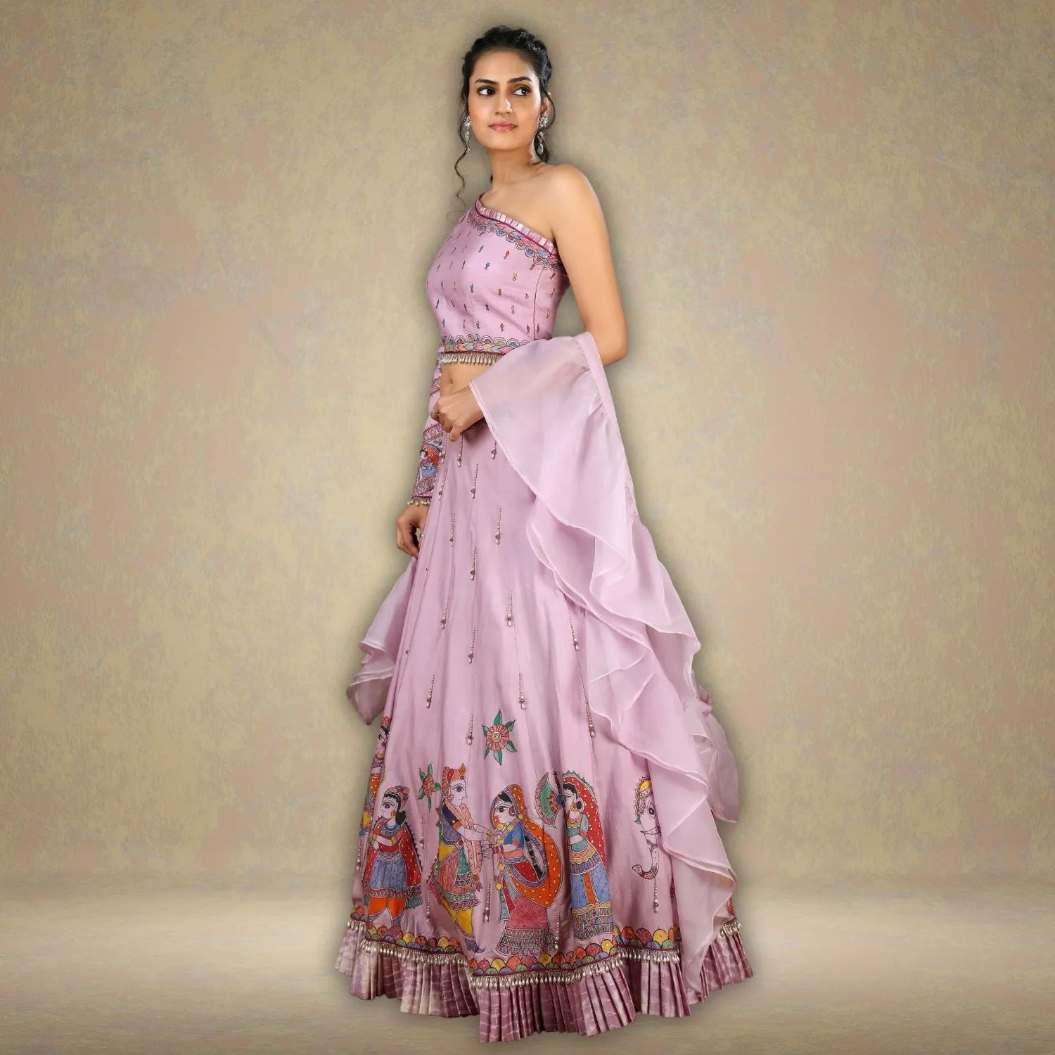 Shuchi Tussar Eri Silk Lehenga Set | Modern Silhouette | Madhubani Art | Hand-Painted