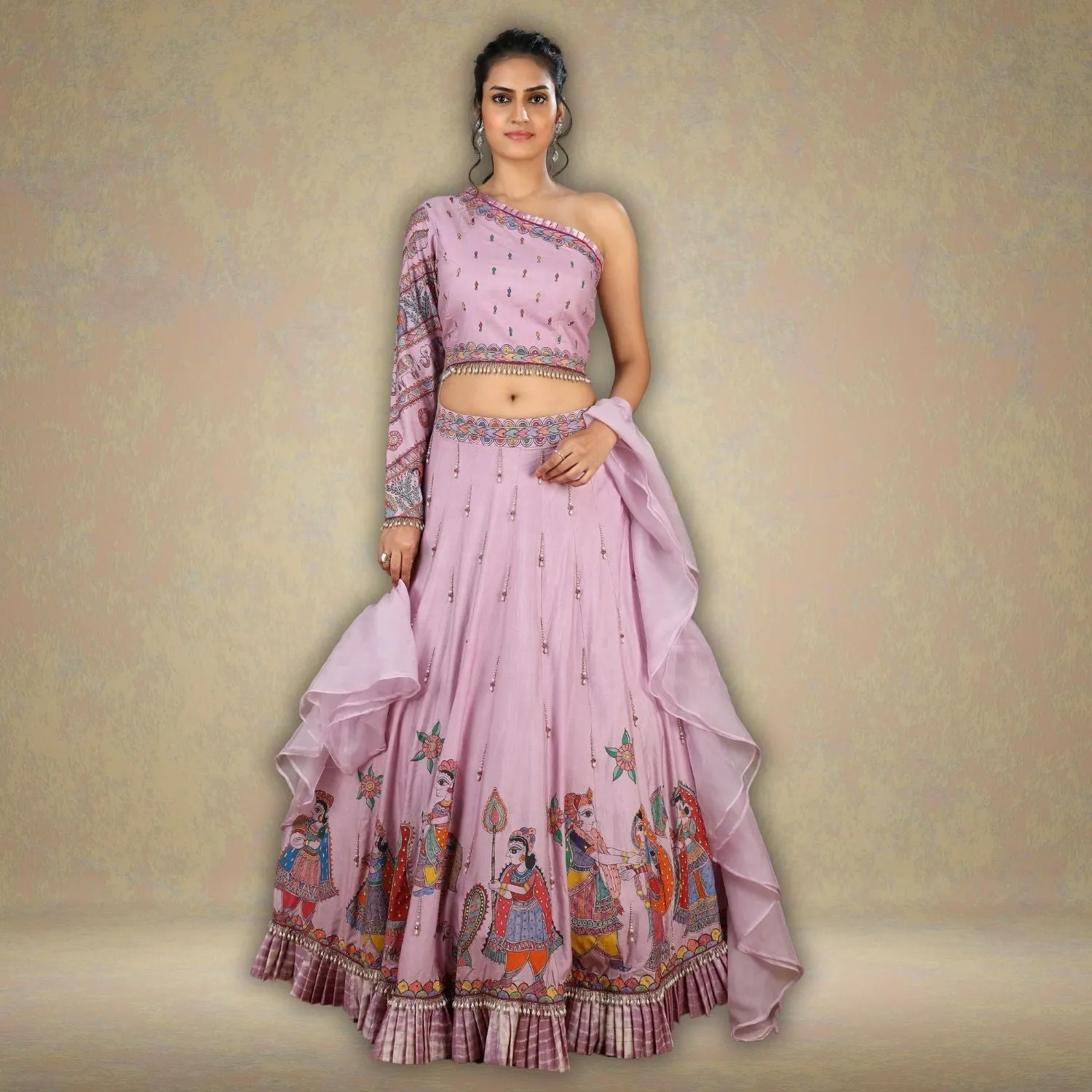 Shuchi Tussar Eri Silk Lehenga Set | Modern Silhouette | Madhubani Art | Hand-Painted