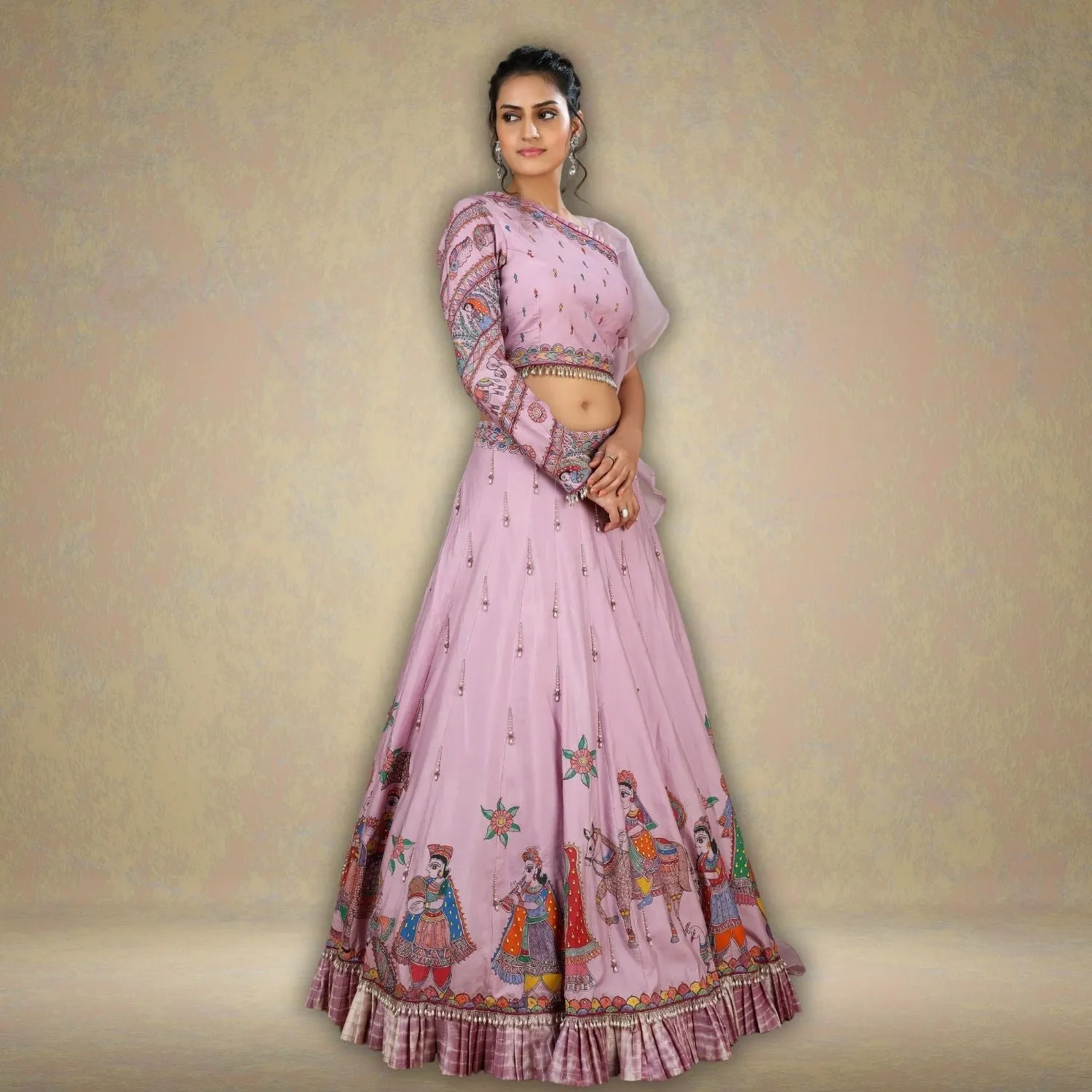 Shuchi Tussar Eri Silk Lehenga Set | Modern Silhouette | Madhubani Art | Hand-Painted